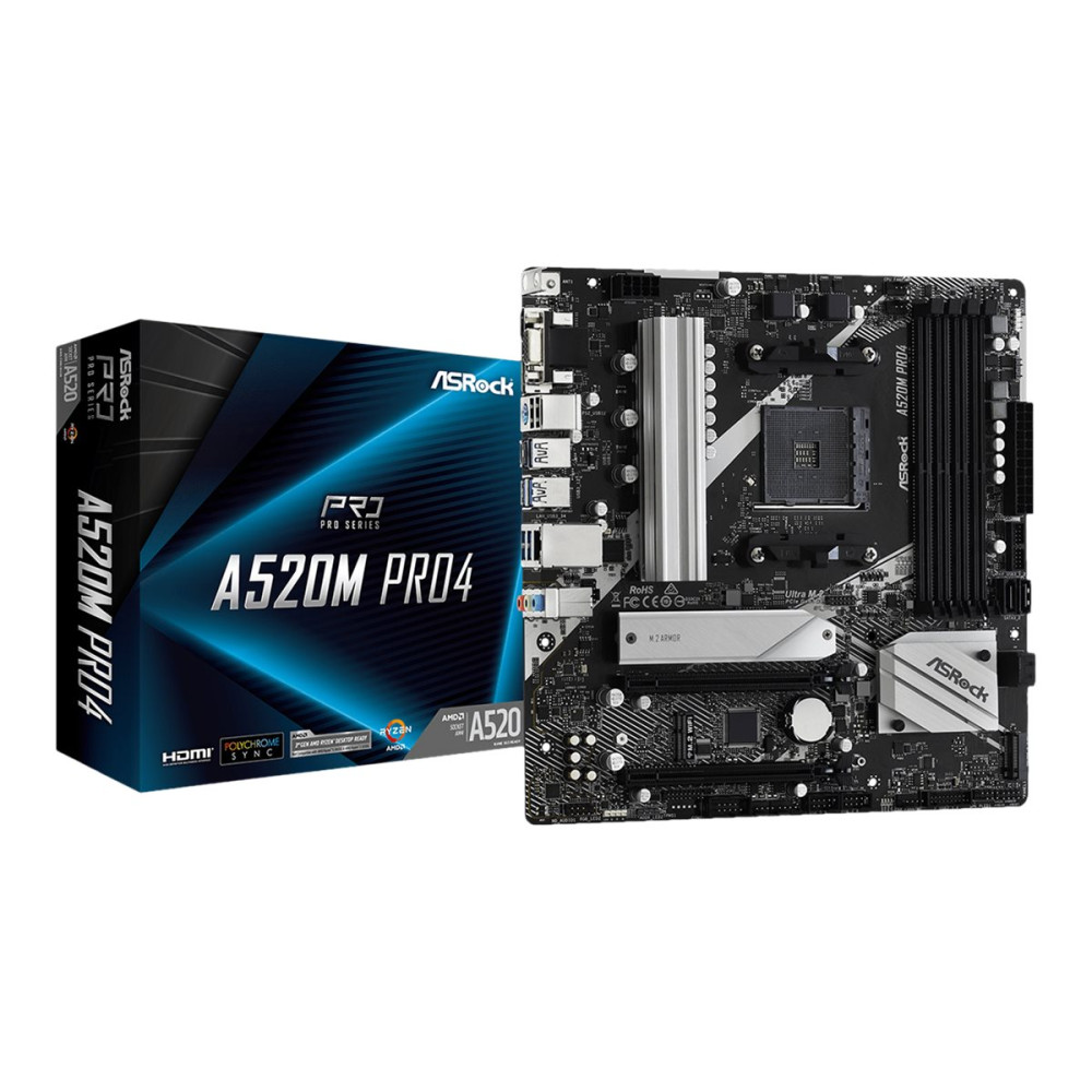 Produktbild för ASRock A520M Pro4 - moderkort - micro ATX - Socket AM4 - AMD A520