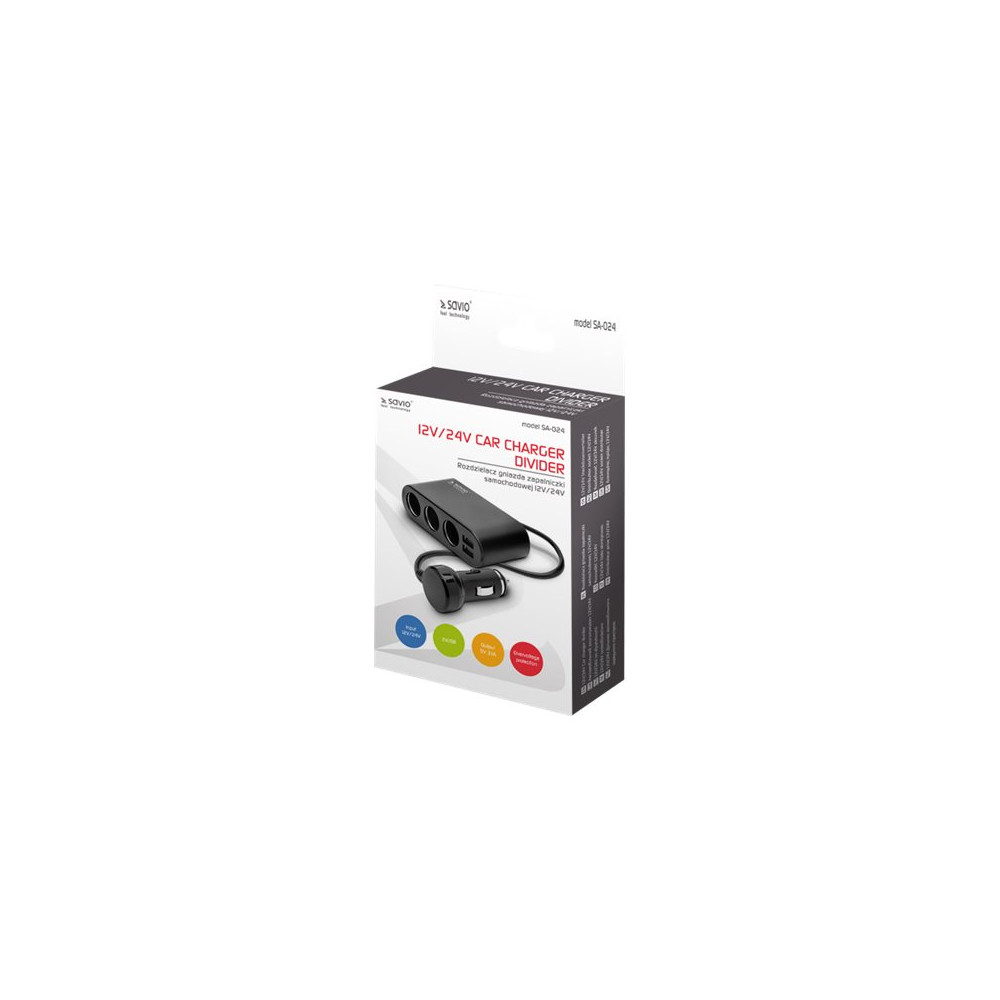 Produktbild för SAVIO SA-024 strömadapter för bil - 2 x USB, 3 x bilens cigarettändare - 120 watt