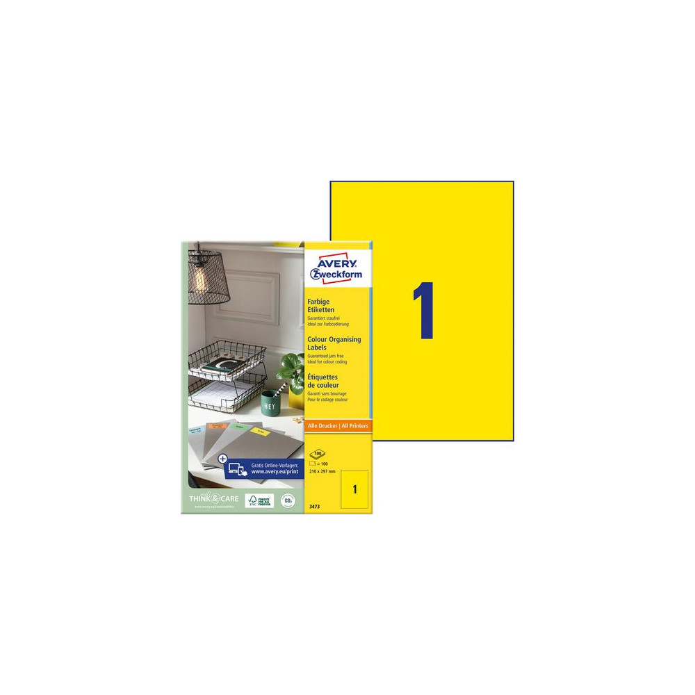 Produktbild för Etikett AVERY neongul 210x297mm 100/fp