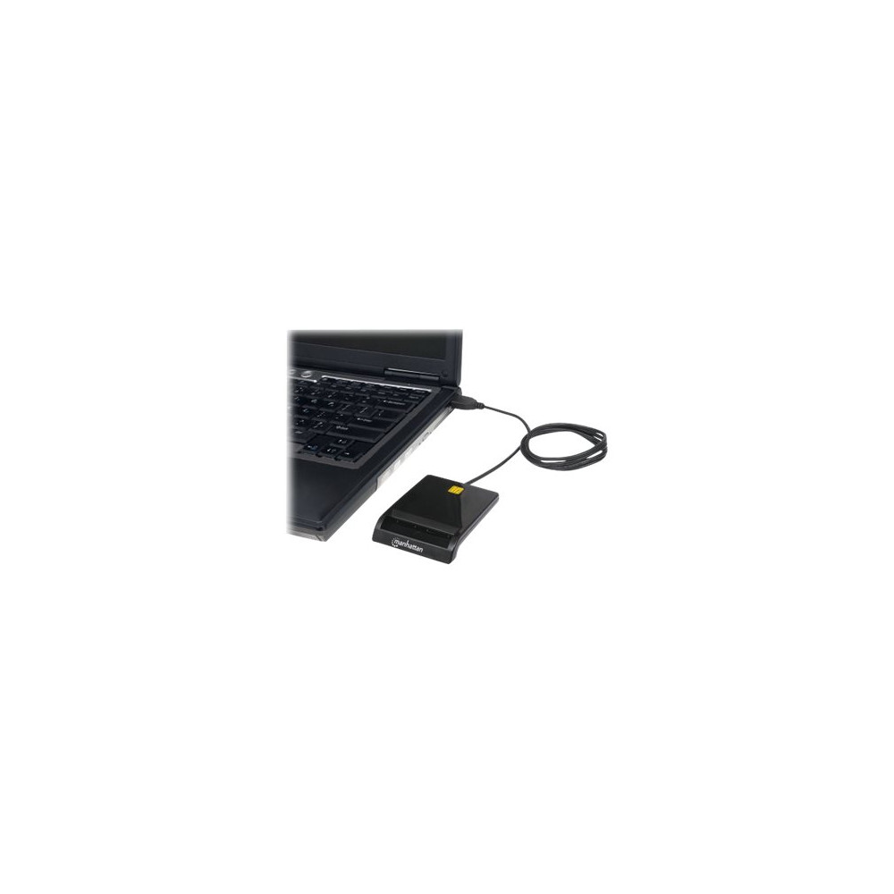 Produktbild för Manhattan USB-A Contact Smart Card Reader, 12 Mbps, Friction type compatible, External, Windows or Mac, Cable 105cm, Black, Three Year Warranty, Blister - SMART-kortläsare - USB