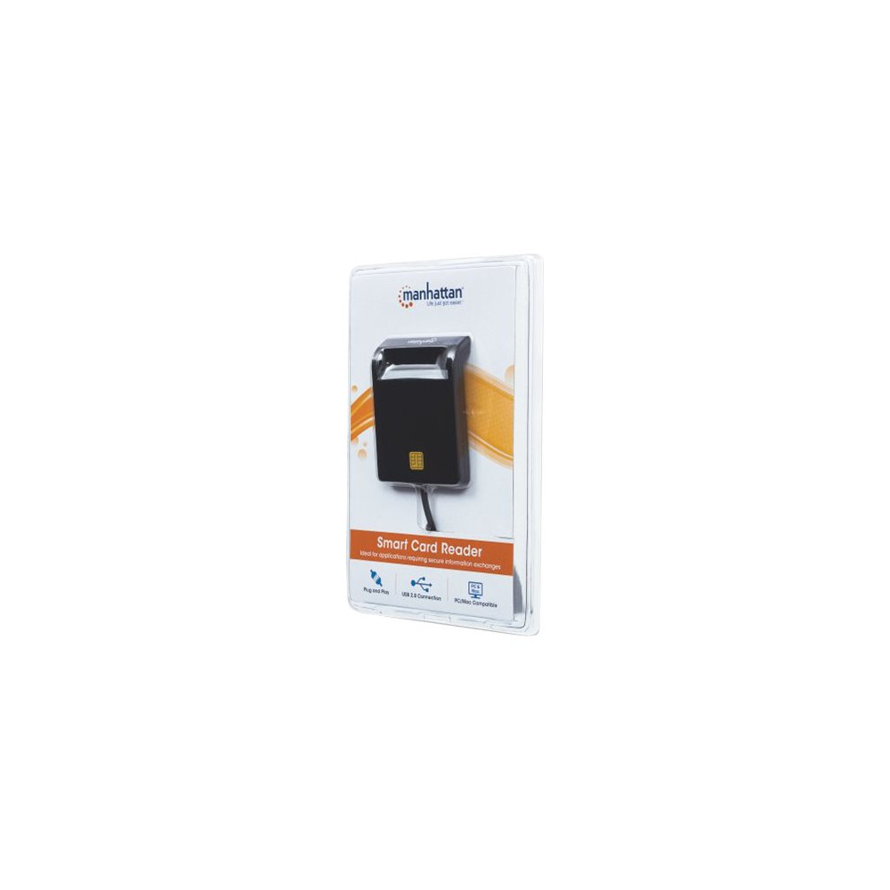 Produktbild för Manhattan USB-A Contact Smart Card Reader, 12 Mbps, Friction type compatible, External, Windows or Mac, Cable 105cm, Black, Three Year Warranty, Blister - SMART-kortläsare - USB