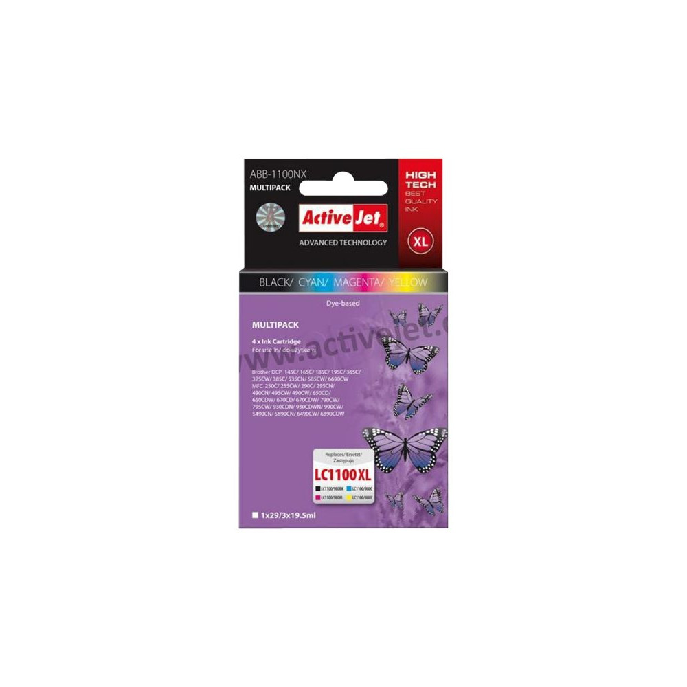 Produktbild för ActiveJet ABB-1100NX - 4-pack - XL-storlek - gul, cyan, magenta - kompatibel - bläckpatron (alternativ för: Brother LC1100BK, Brother LC1100C, Brother LC1100M, Brother LC1100Y, Brother LC980BK, Brother LC980C, Brother LC980M, Brother LC980Y)