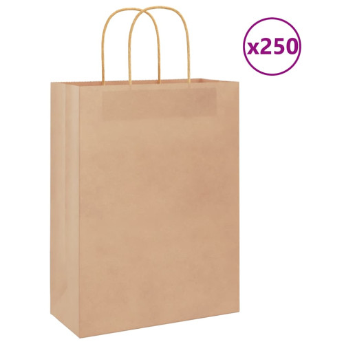 vidaXL Papperspåsar 250 st med handtag brun 26x12x35 cm