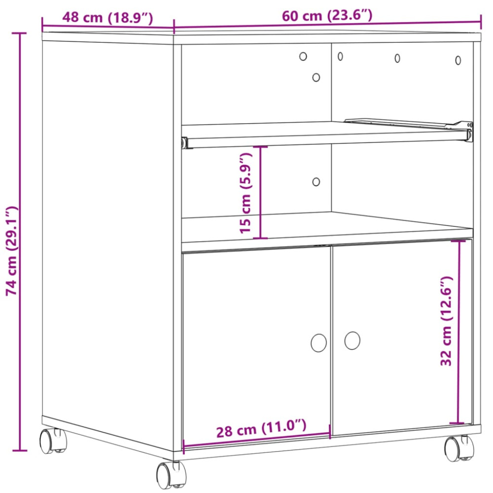 Produktbild för Skrivarställ med hjul rökfärgad ek 60x48x74 cm