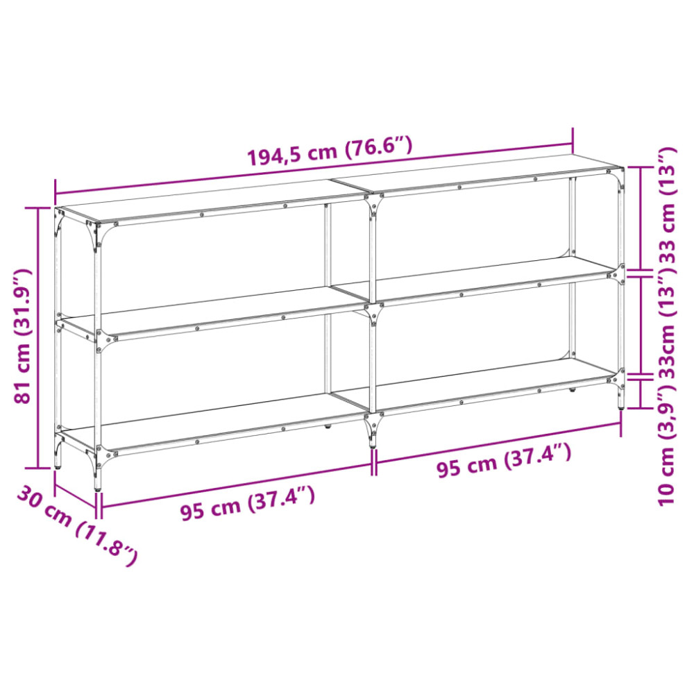 Produktbild för Konsolbord med svart glasskiva 194,5x30x81 cm stål