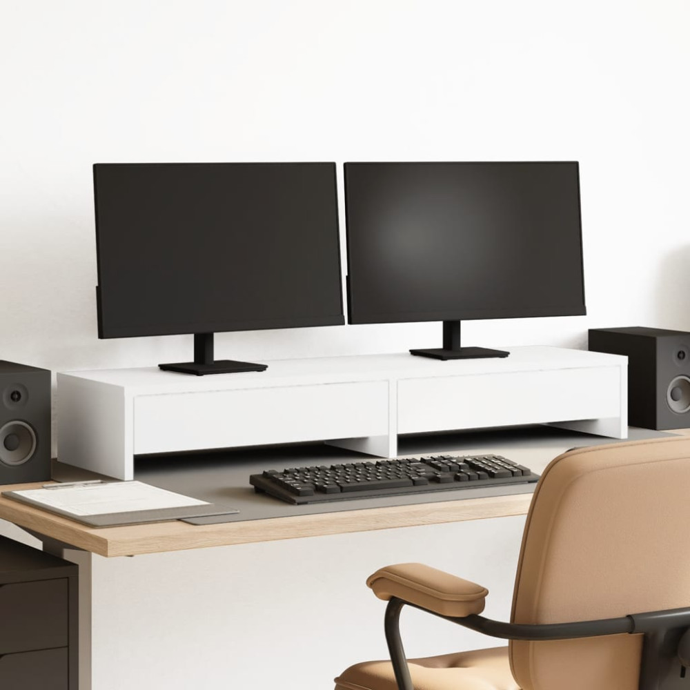 Produktbild för Monitorstativ med lådor vit 100x27x15 cm konstruerat trä