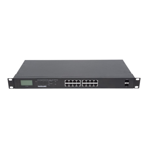intellinet Intellinet 16-Port Gigabit Ethernet PoE+ Switch with 2 SFP Ports, LCD Display, IEEE 802.3at/af Power over Ethernet (PoE+/PoE) Compliant, 370 W, Endspan, 19" Rackmount - switch - 16 portar - ohanterad - rackmonterbar