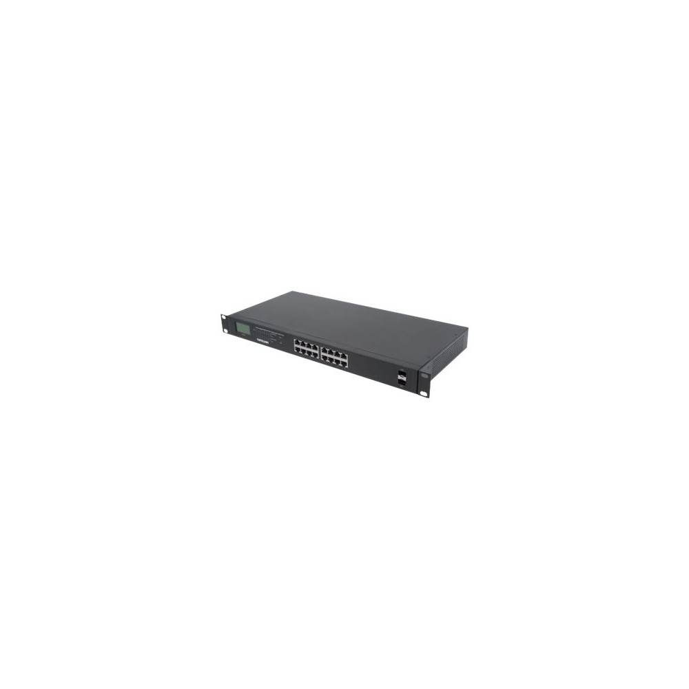 Produktbild för Intellinet 16-Port Gigabit Ethernet PoE+ Switch with 2 SFP Ports, LCD Display, IEEE 802.3at/af Power over Ethernet (PoE+/PoE) Compliant, 370 W, Endspan, 19" Rackmount - switch - 16 portar - ohanterad - rackmonterbar