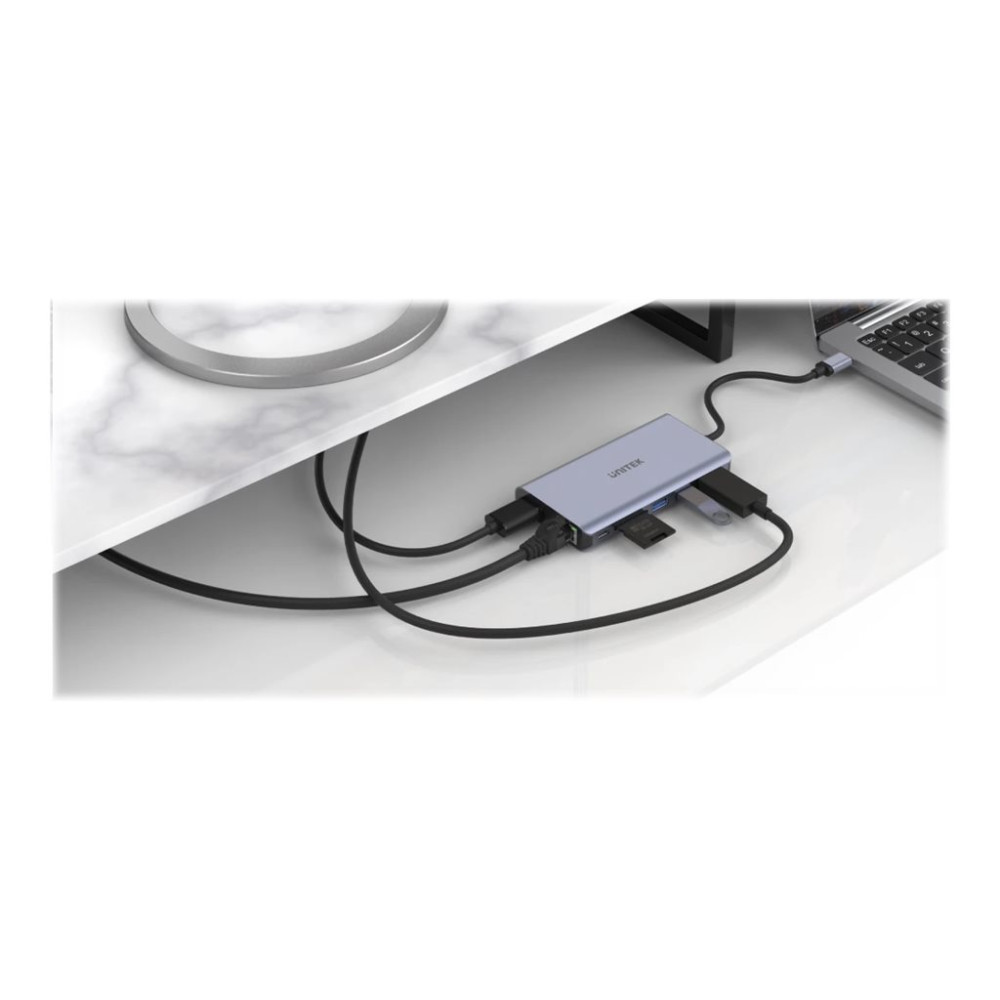 Produktbild för Unitek uHUB S7+ 7-in-1 USB-C Ethernet Hub with MST Dual Monitor, 100W Power Delivery and Card Reader - dockningsstation - USB-C - HDMI, DP - 1GbE