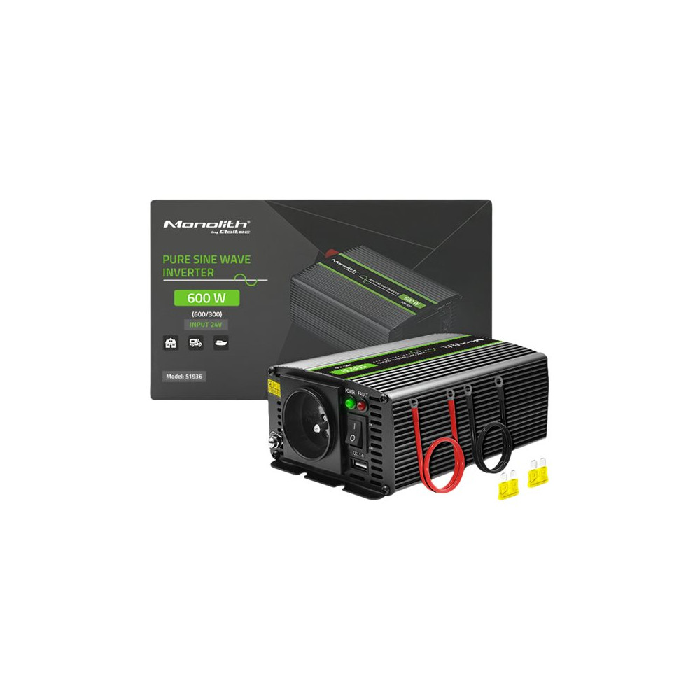 Produktbild för Qoltec Monolith - DC-AC-omriktare - ren sinusvåg - 600 watt