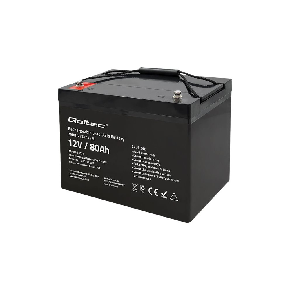 Produktbild för Qoltec - larmsystembatteri - AGM, 12 V, 23,5 kg - Bly-syra - 80 Ah