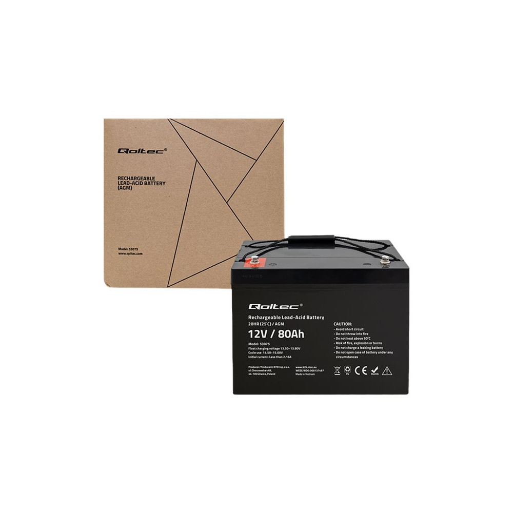 Produktbild för Qoltec - larmsystembatteri - AGM, 12 V, 23,5 kg - Bly-syra - 80 Ah