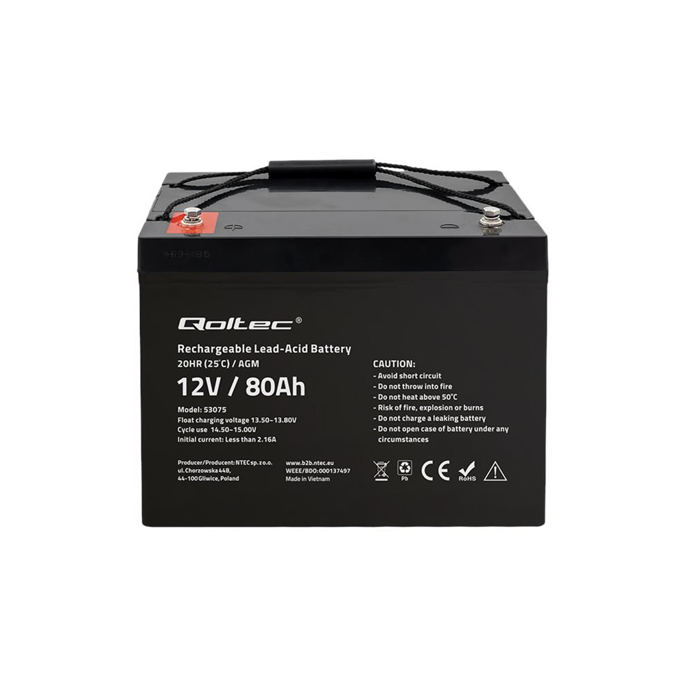 Produktbild för Qoltec - larmsystembatteri - AGM, 12 V, 23,5 kg - Bly-syra - 80 Ah
