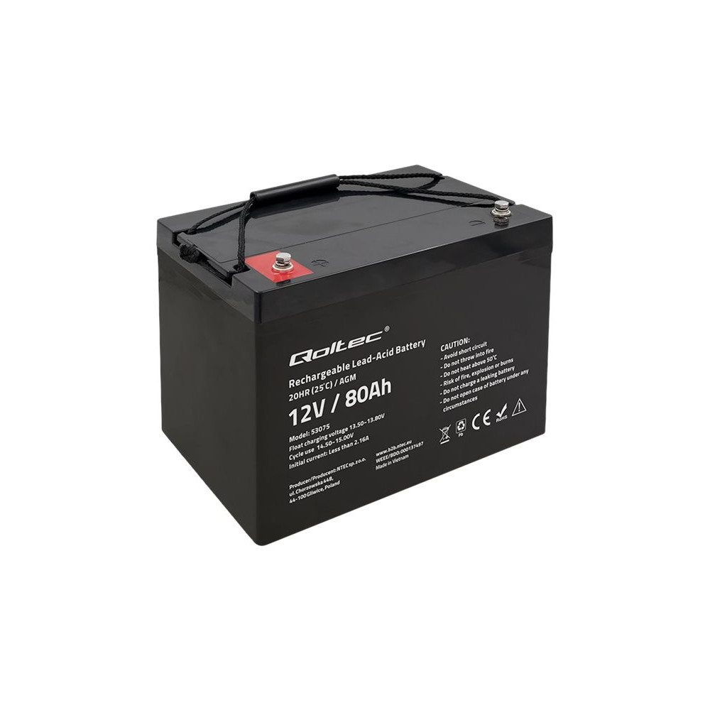 Produktbild för Qoltec - larmsystembatteri - AGM, 12 V, 23,5 kg - Bly-syra - 80 Ah