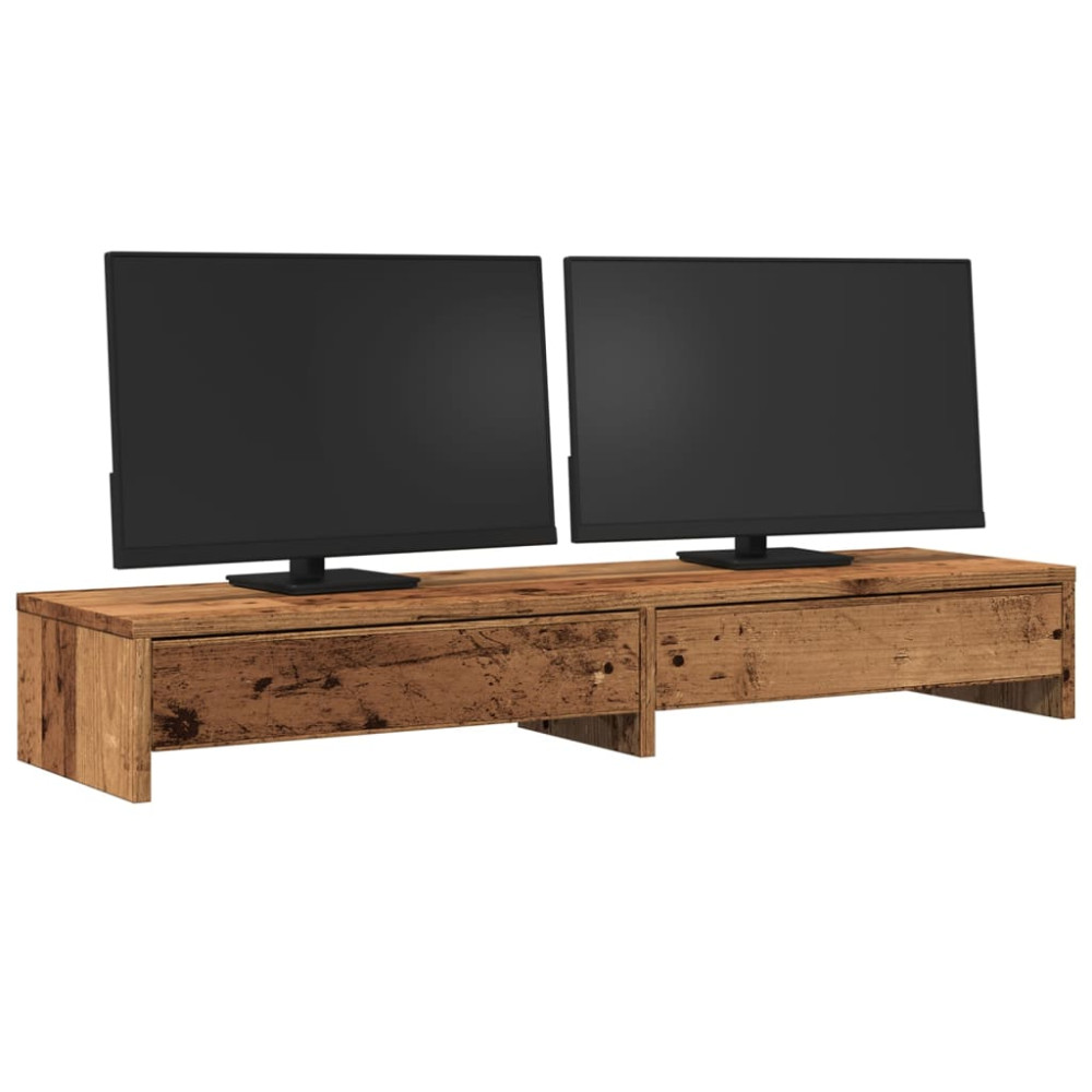 Produktbild för Skärmställ med lådor åldrat trä 100x27x15 cm konstruerat trä