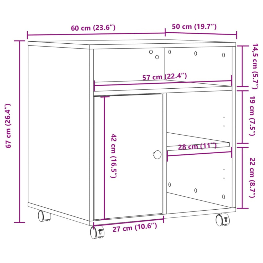 Produktbild för Skrivarställ med hjul rökfärgad ek 60x50x67 cm