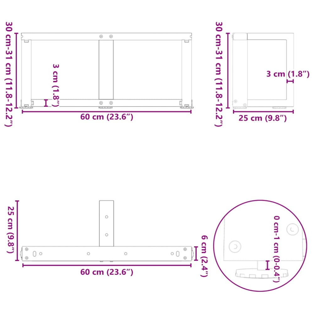 Produktbild för Soffbordsben T-formade 2 st svarta 60x25x(30-31) cm stål