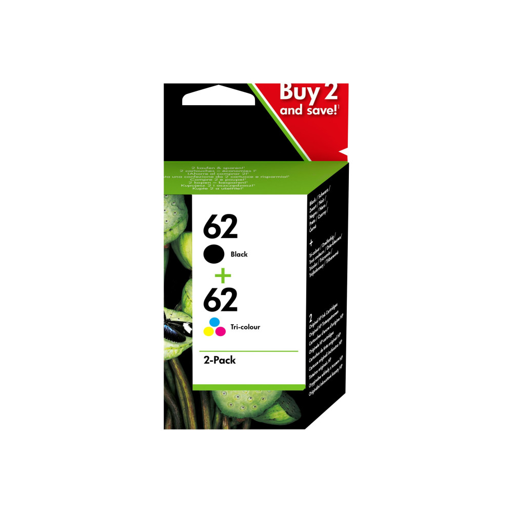 Produktbild för HP 62 - 2-pack - svartfärgad, färg (cyan, magenta, gul) - original - bläckpatron
