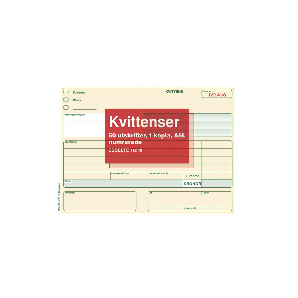Produktbild för Blankett kvittens numrerad A5L 2x50 blad