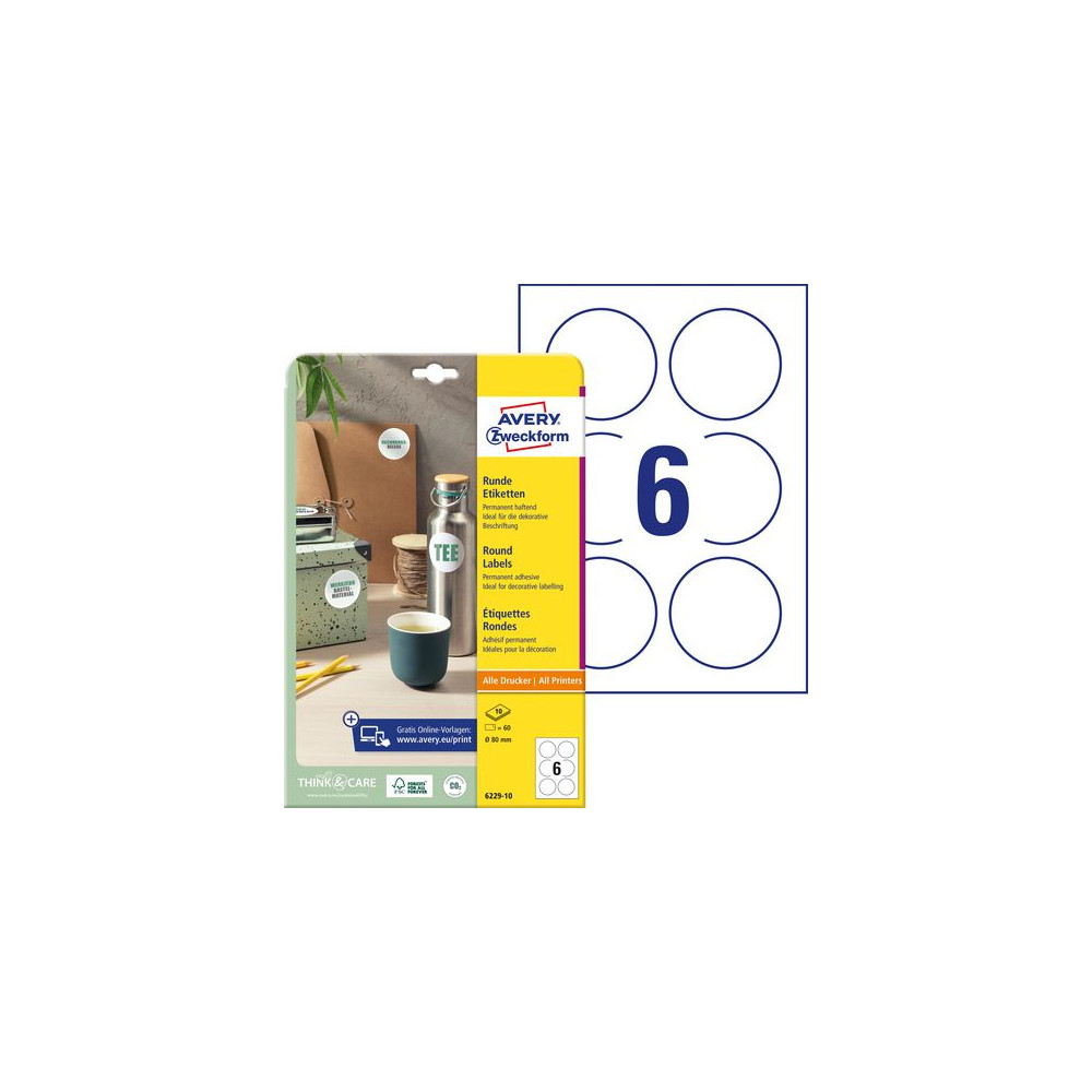 Produktbild för Etikett AVERY papper Ø80mm vit 60/fp