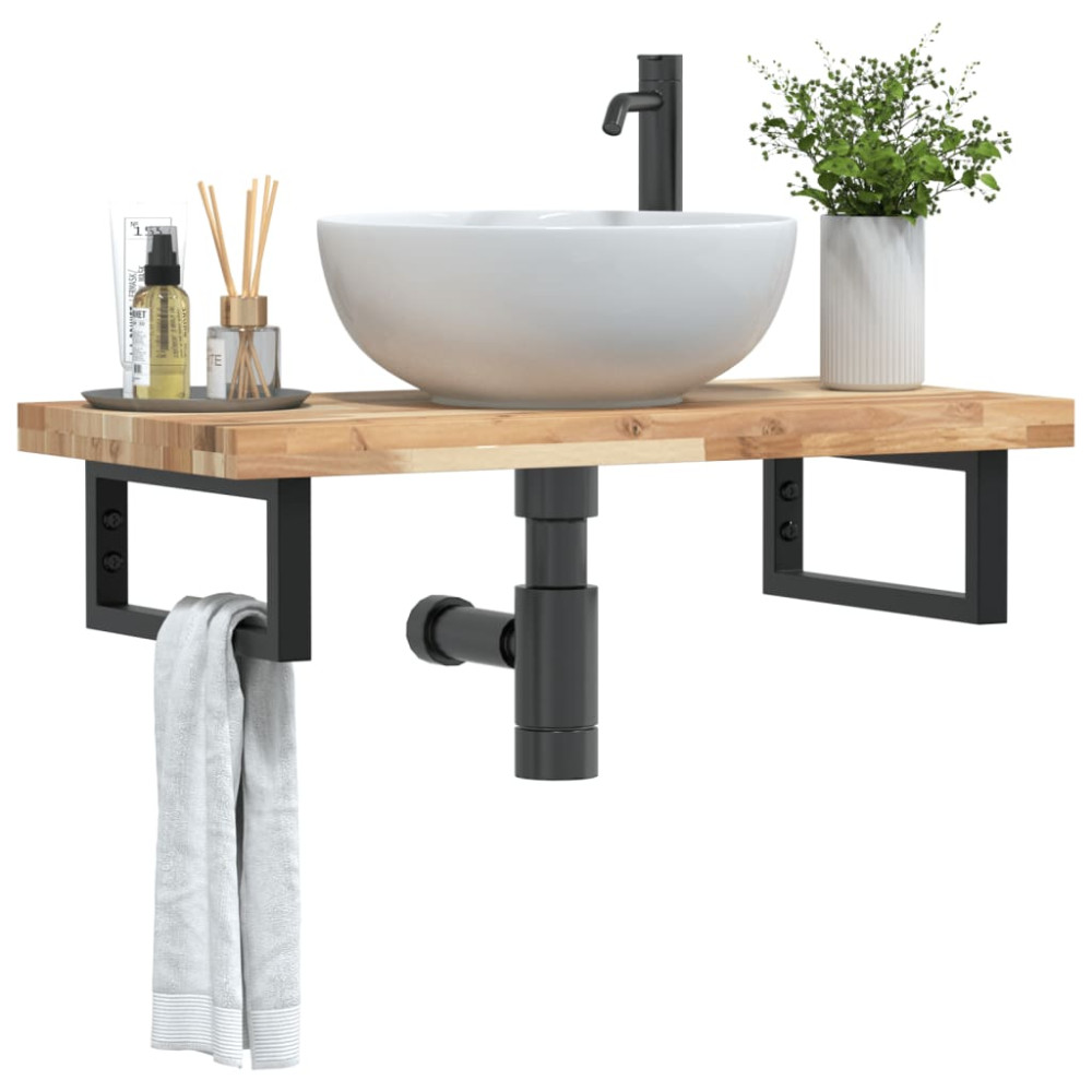 Produktbild för Väggmonterad handfatshylla stål och massivt akaciaträ