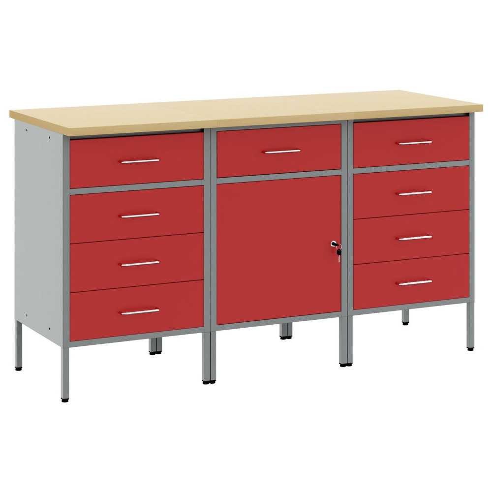 Produktbild för Arbetskabinett med låda 3 pcs Röd och Grå 150 x 55 x 85 cm