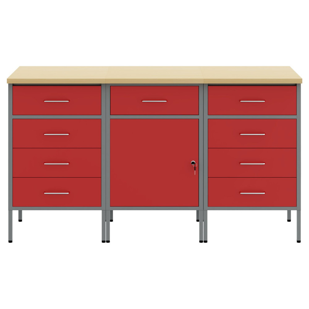 Produktbild för Arbetskabinett med låda 3 pcs Röd och Grå 150 x 55 x 85 cm