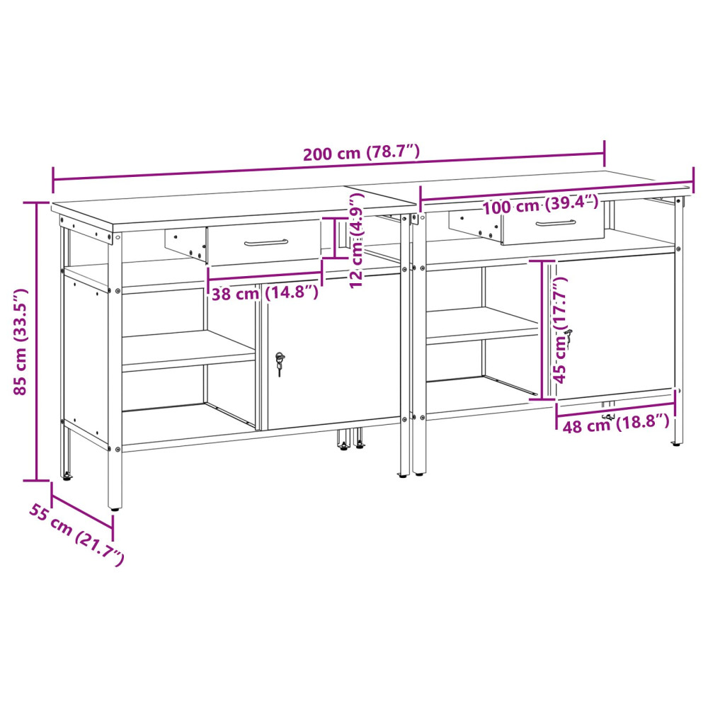 Produktbild för Arbetsbänkset med låda 2 pcs Svart och Grå 200 x 55 x 85 cm