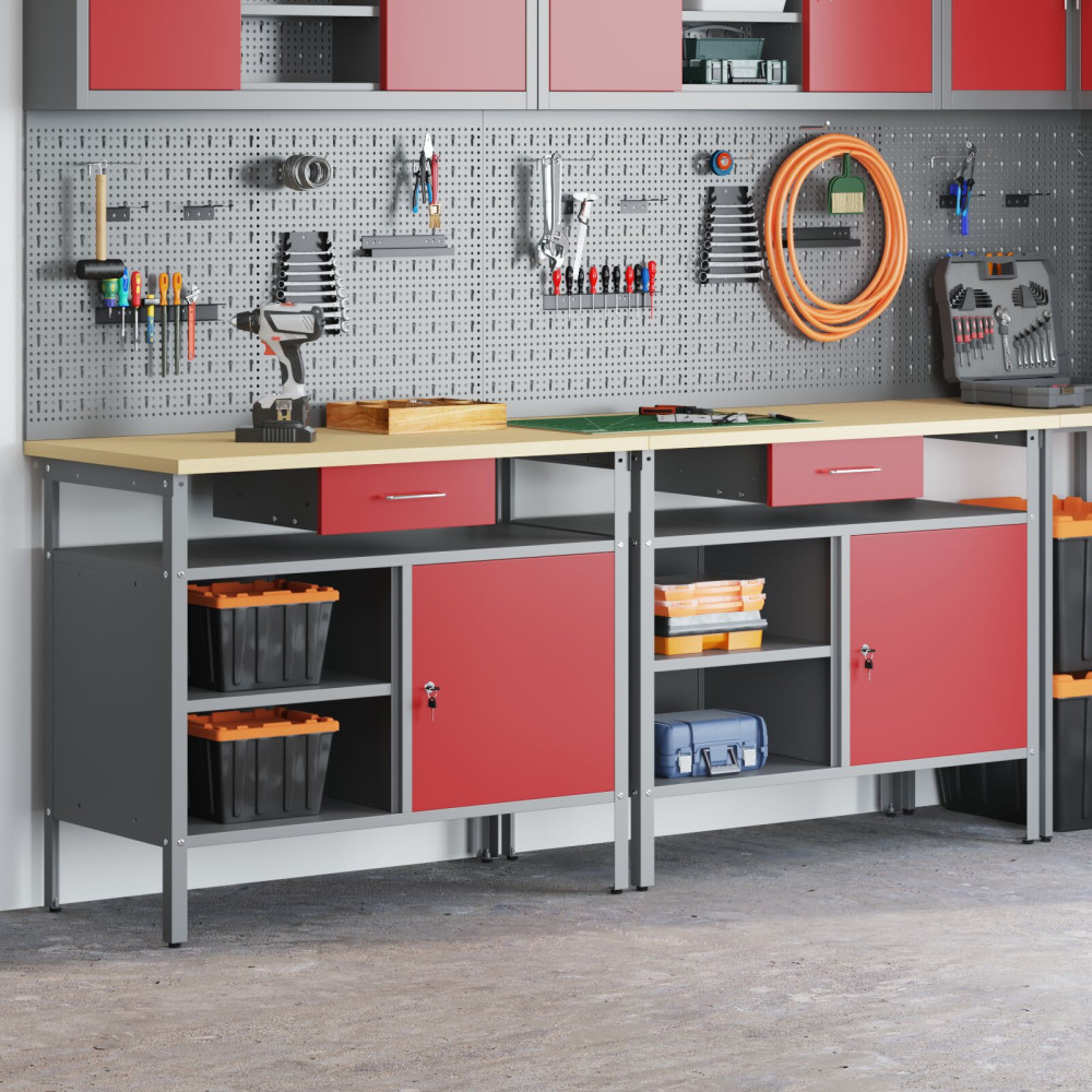 Produktbild för Arbetsbänkset med låda 2 pcs Röd och Grå 200 x 55 x 85 cm