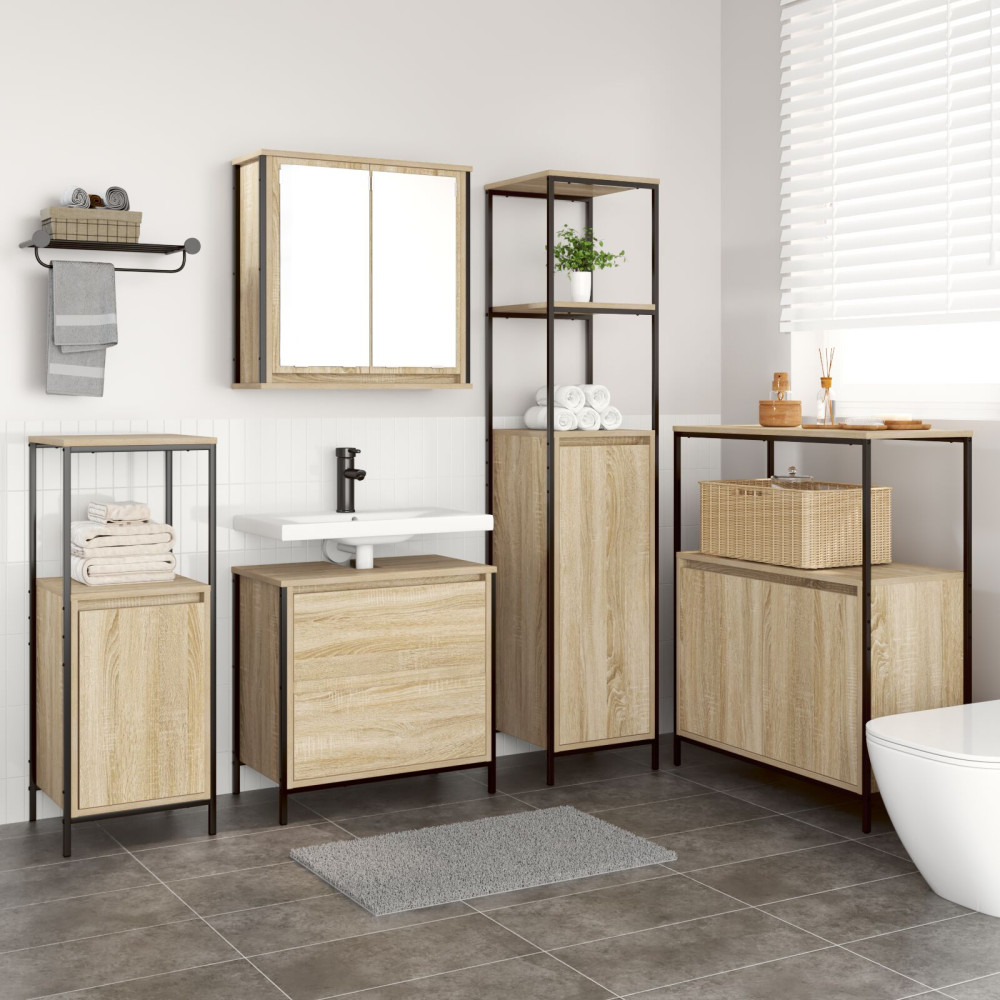 Produktbild för Badrumsmöbelset med hylla med dörr 5 pcs Beige Konstruerat trä