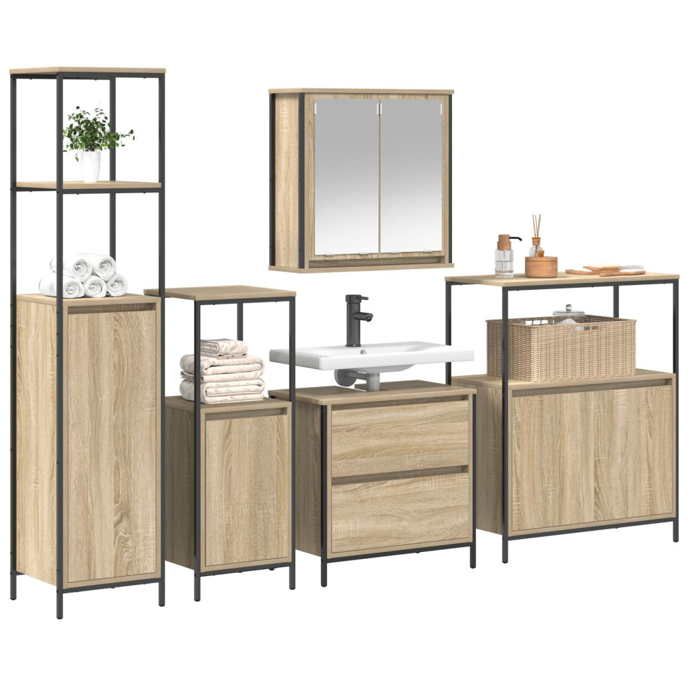 Produktbild för Badrumsmöbelset med hylla med dörr 5 pcs Beige Konstruerat trä
