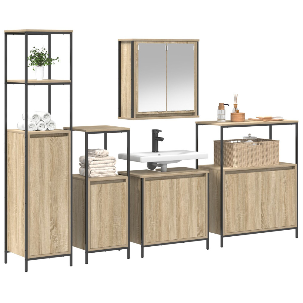 Produktbild för Badrumsmöbelset 5 pcs Sonoma Ek och Svart Konstruerat trä