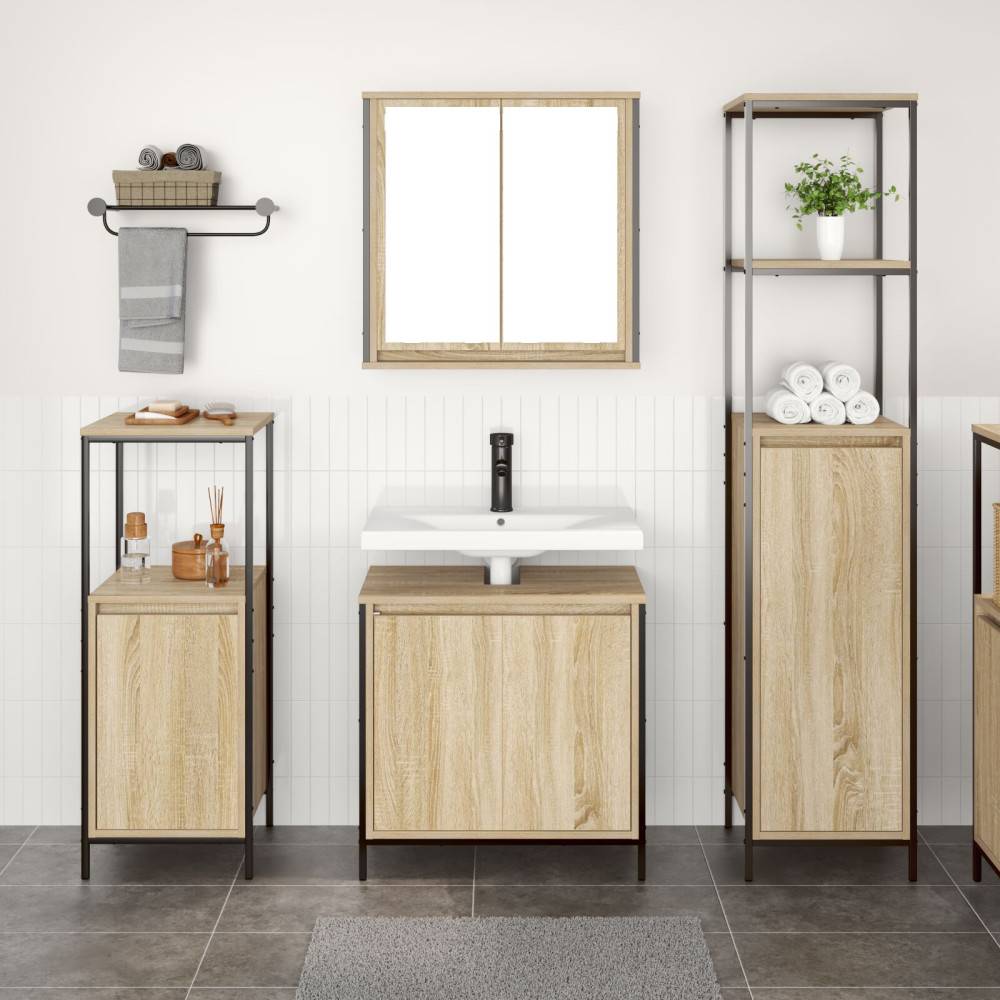 Produktbild för Badrumsmöbelset 3 pcs Sonoma Ek och Svart Konstruerat trä