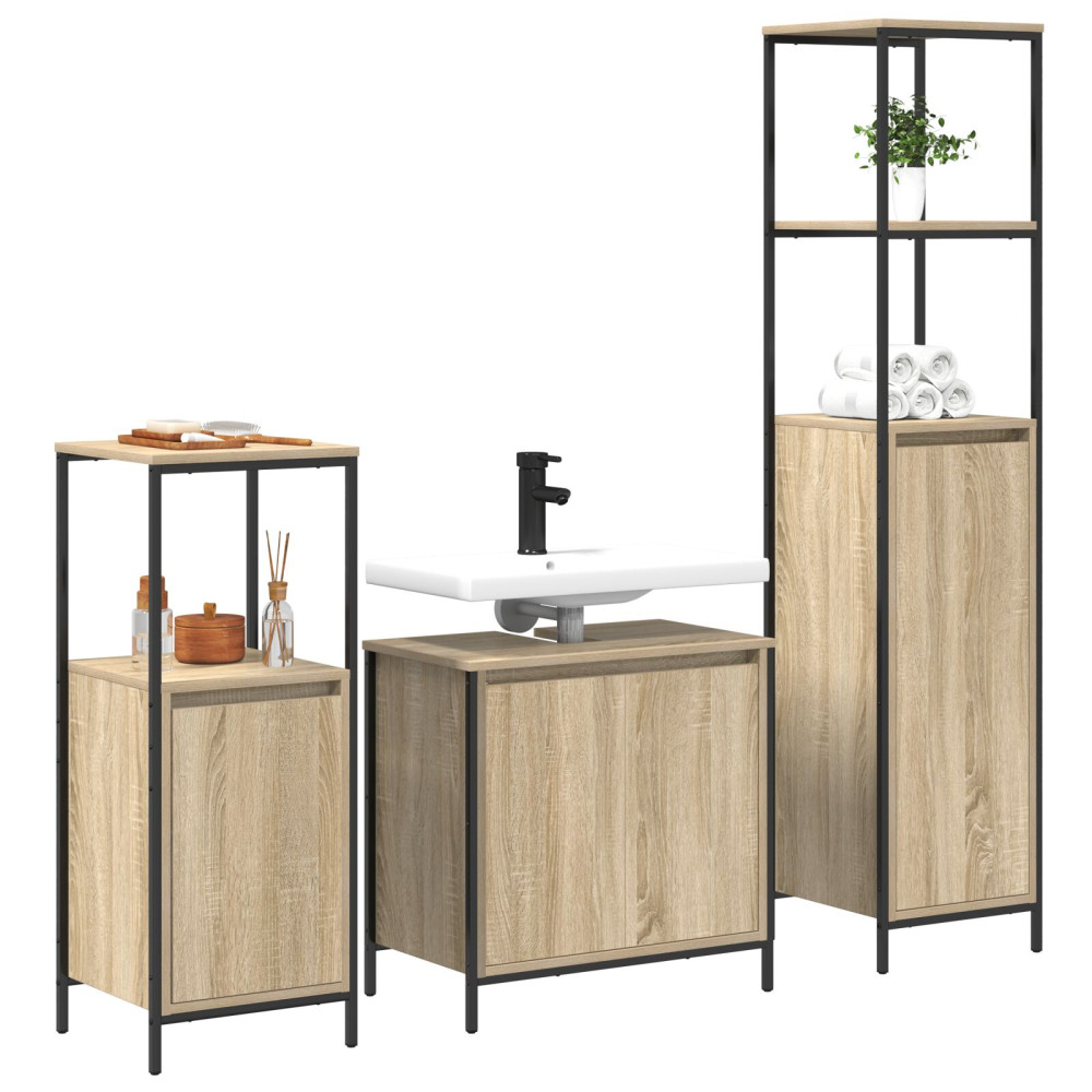 Produktbild för Badrumsmöbelset 3 pcs Sonoma Ek och Svart Konstruerat trä