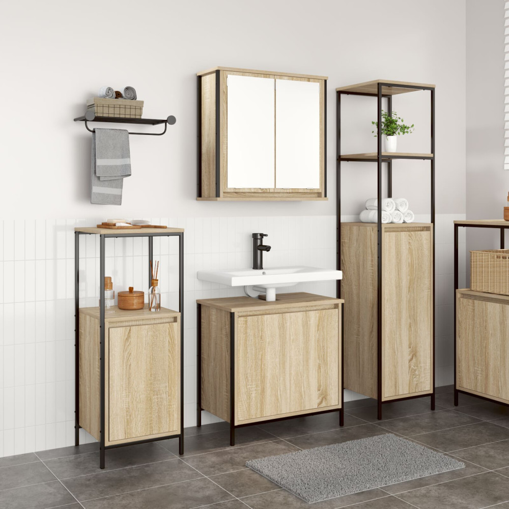 Produktbild för Badrumsmöbelset 3 pcs Sonoma Ek och Svart Konstruerat trä