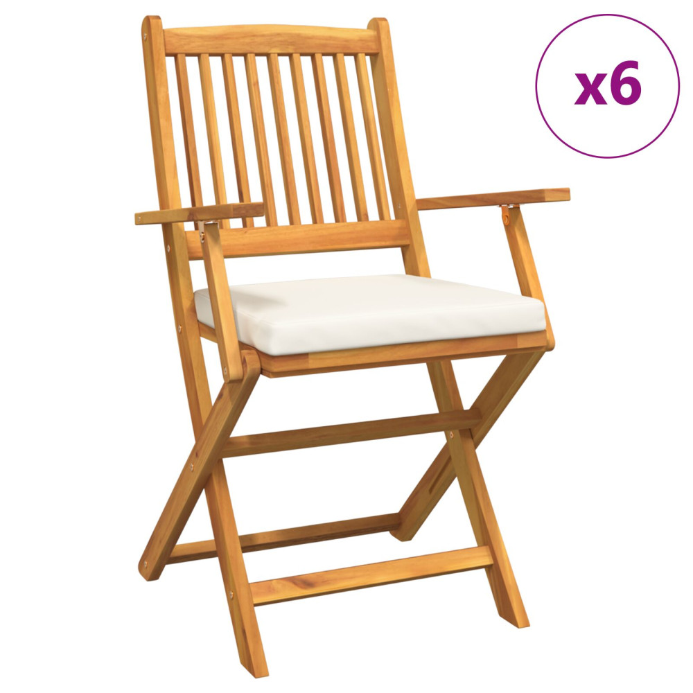 Produktbild för Fällstol med kudde 6 pcs Vit 49 x 57.5 x 92cm Massivt akaciaträ