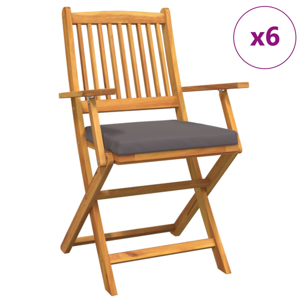 Produktbild för Fällstol med kudde 6 pcs Grå 49 x 57.5 x 92cm Massivt akaciaträ