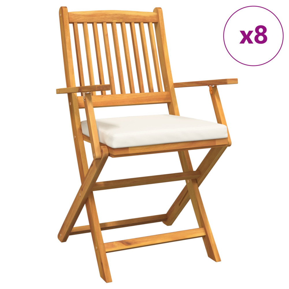 Produktbild för Fällstol med kudde 8 pcs Vit 49 x 57.5 x 92cm Massivt akaciaträ