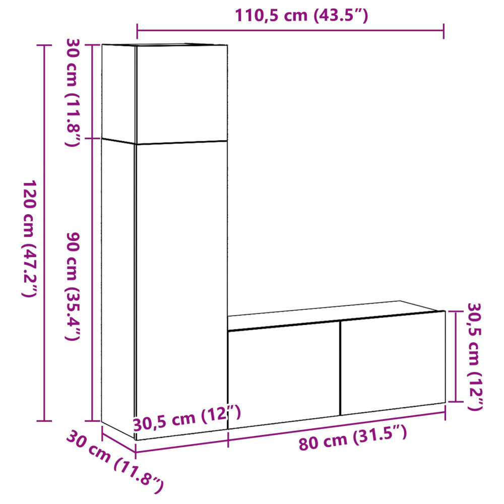 Produktbild för TV-bänkset 3 pcs Svart Ek 130,5 x 30 x 140 cm Konstruerat trä