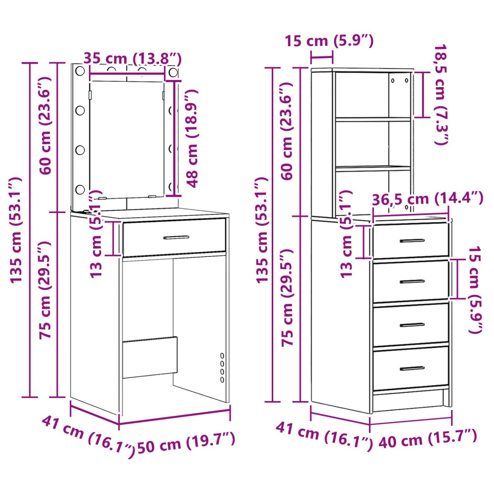 Produktbild för Smyckebord 2 pcs Svart 50 x 41 x 135 cm Konstruerat trä