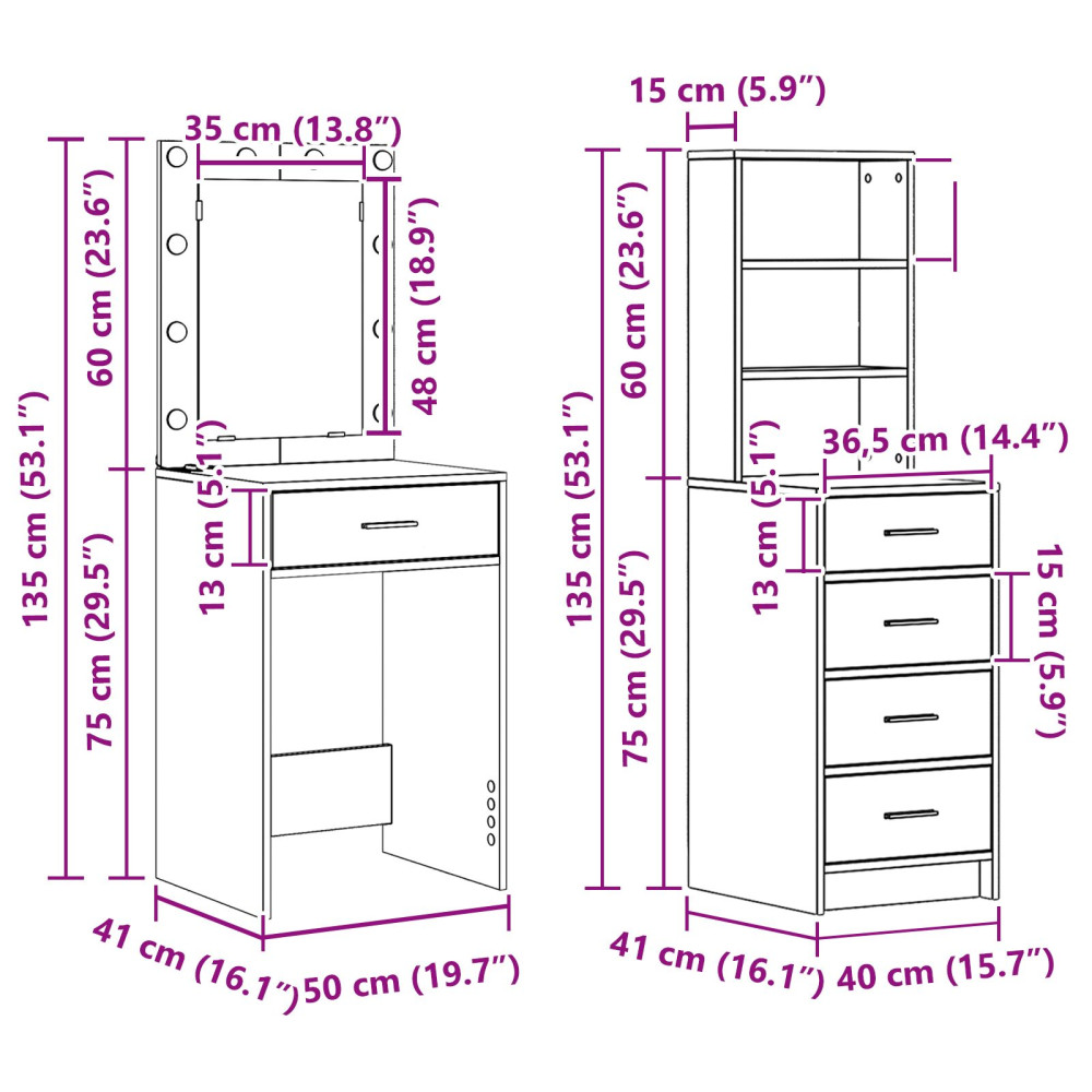 Produktbild för Smyckebord med låda 2 pcs Brun 50 x 41 x 135 cm Konstruerat trä
