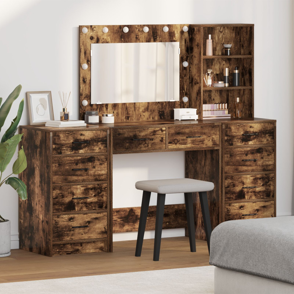 Produktbild för Smyckebord med spegelbelysning 3 pcs Rökt ek Konstruerat trä