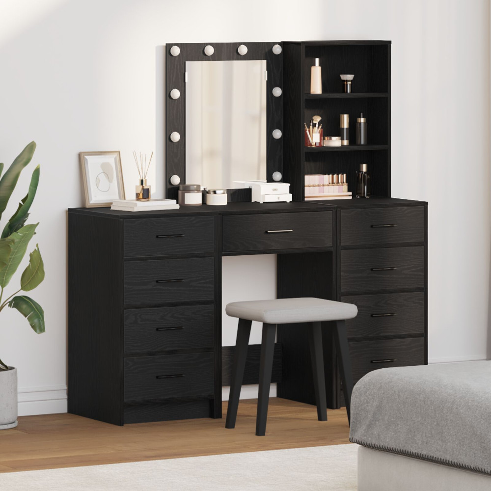 Produktbild för Smyckebord med spegelbelysning 3 pcs Svart Konstruerat trä