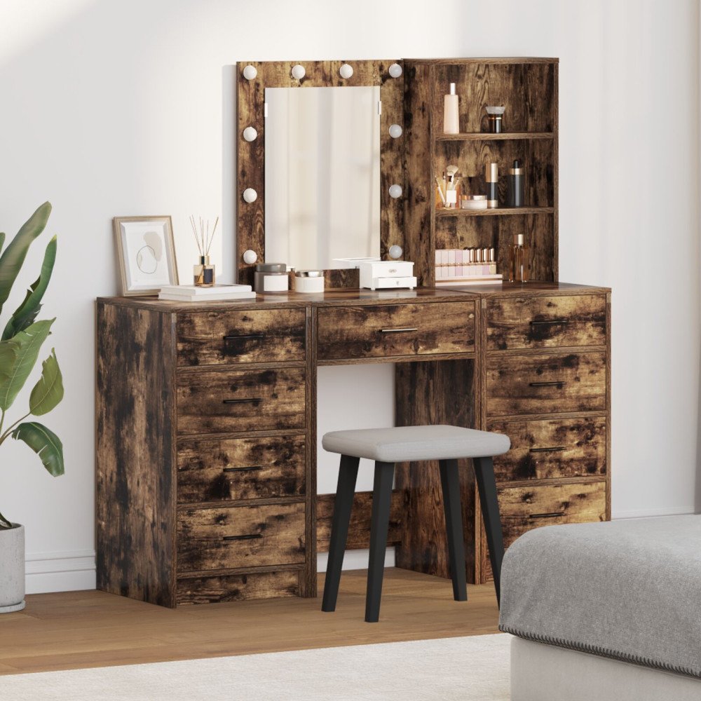 Produktbild för Smyckebord med spegelbelysning 3 pcs Brun Konstruerat trä