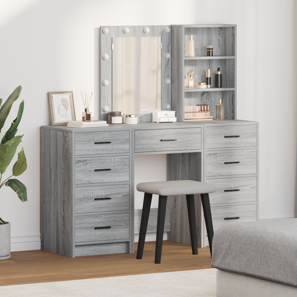 Produktbild för Smyckebord med spegelbelysning 3 pcs Grå Konstruerat trä