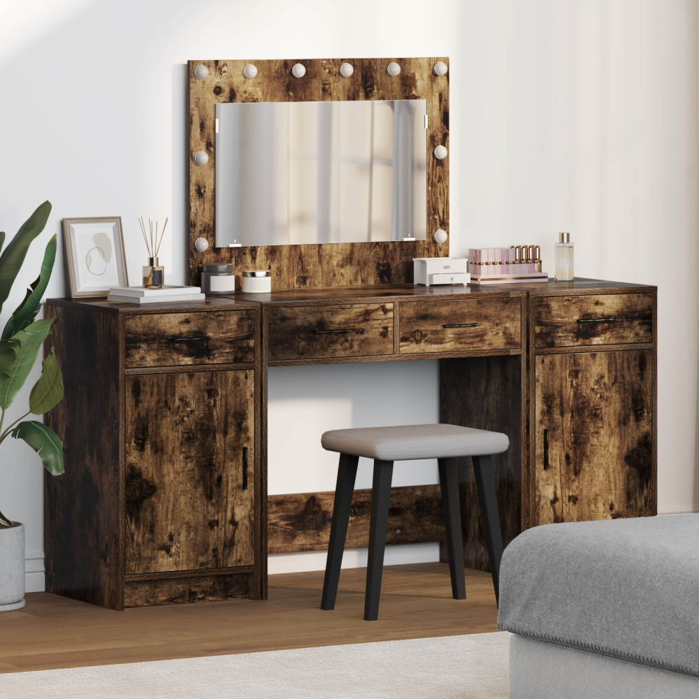 Produktbild för Smyckebord med spegelbelysning 3 pcs Brun Konstruerat trä