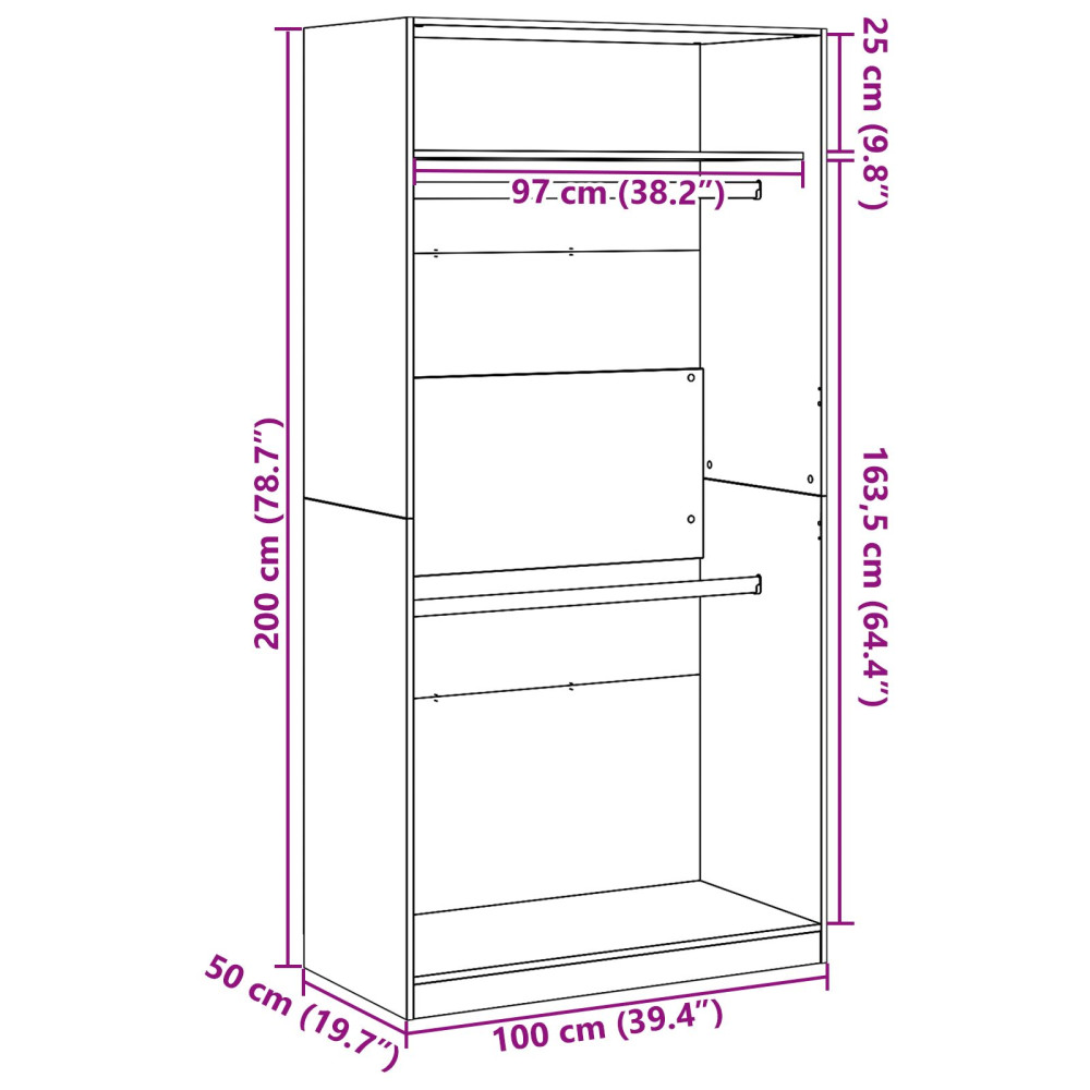 Produktbild för Garderob med hylla Svart Ek 100 x 50 x 200 cm Konstruerat trä