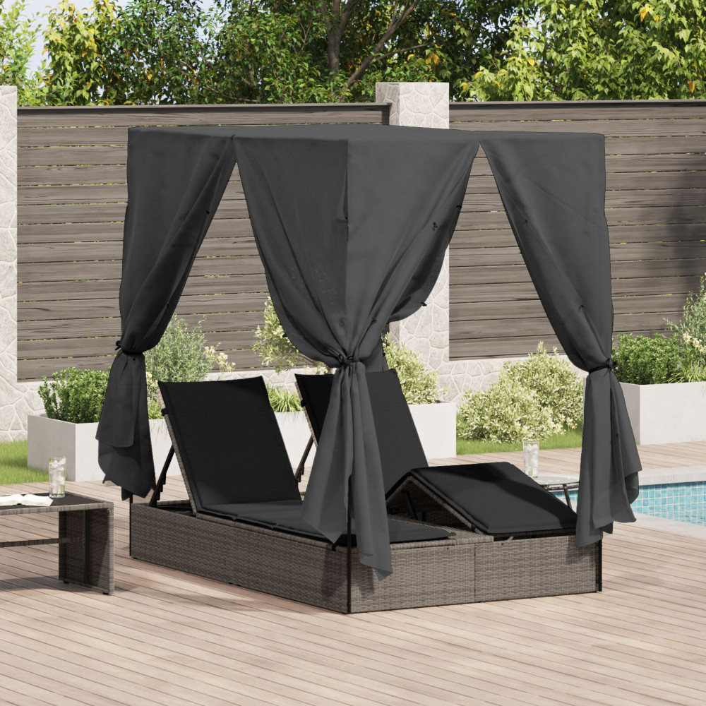 Produktbild för Dubbel solstol med gardiner Grå 205 x 129 x 200 cm konstrotting