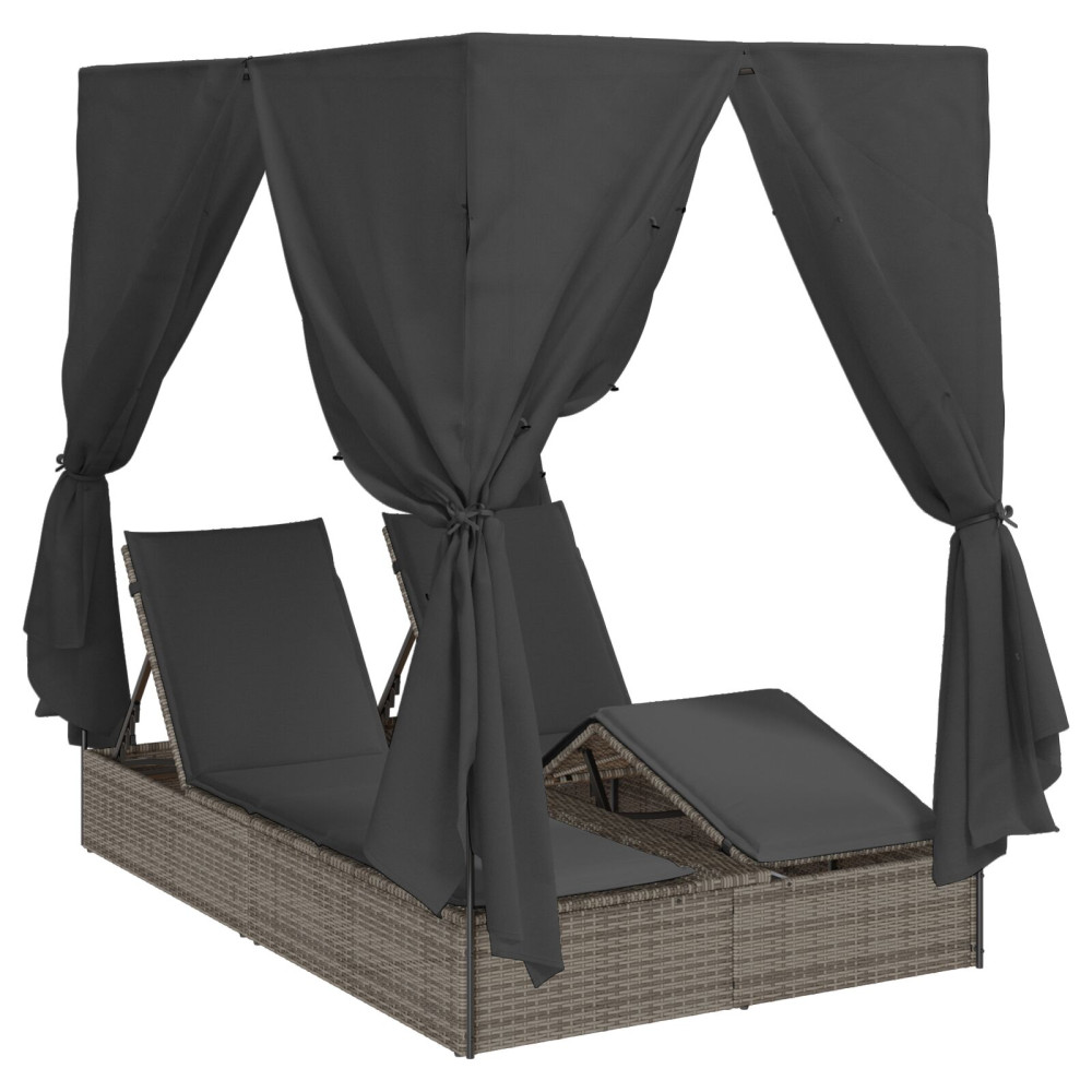 Produktbild för Dubbel solstol med gardiner Grå 205 x 129 x 200 cm konstrotting