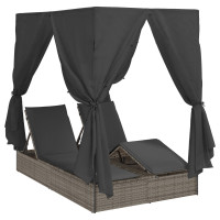 Produktbild för Dubbel solstol med gardiner Grå 205 x 129 x 200 cm konstrotting